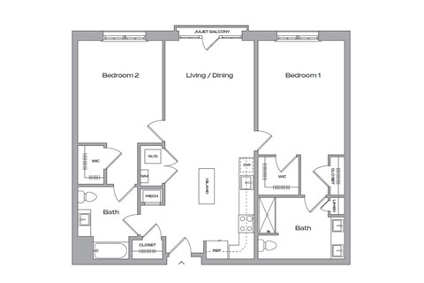 Floor plan for 2 beds, 2 baths, 1222 sqft